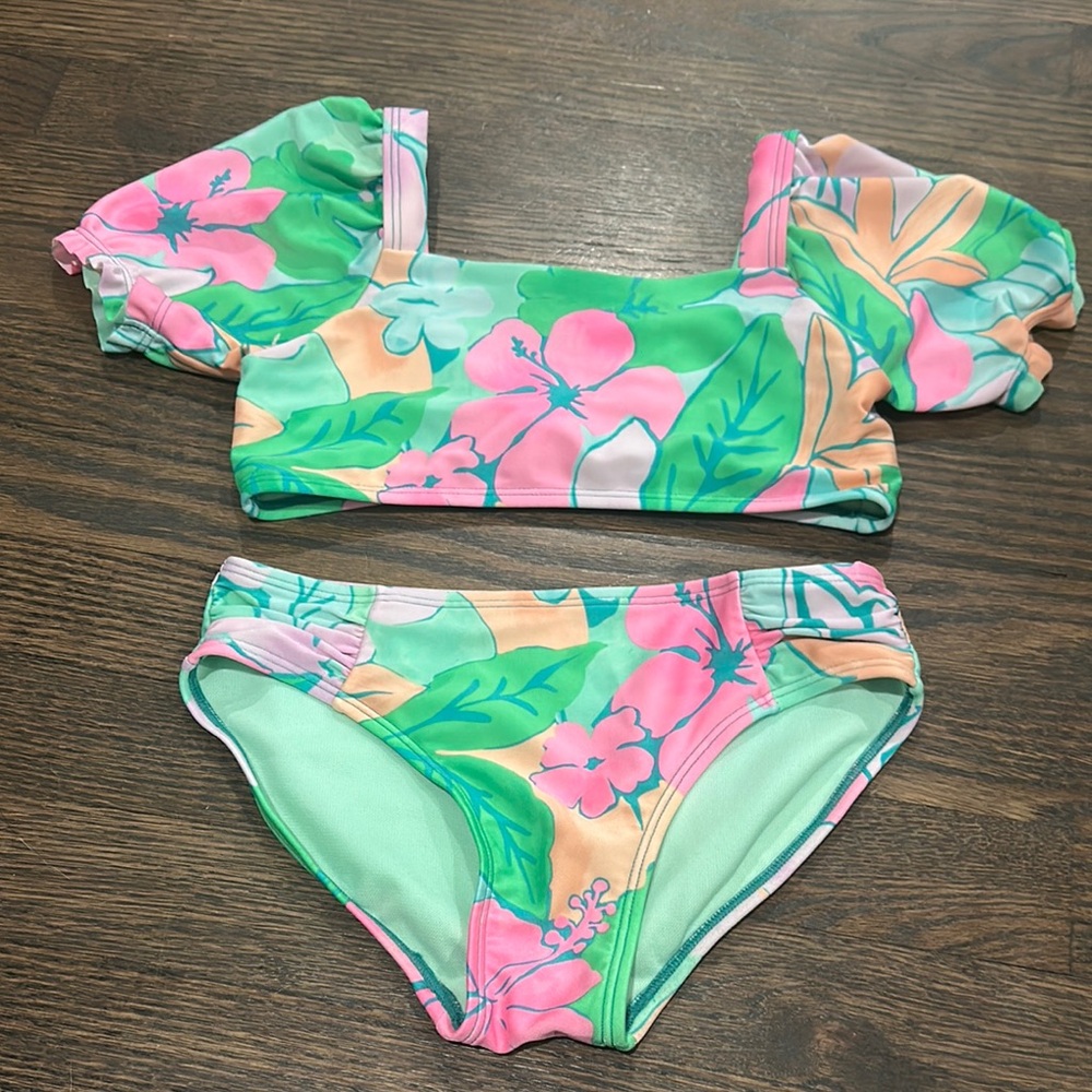 Cat & Jack Floral Kids Swim Set - Pink and Green sz M 8